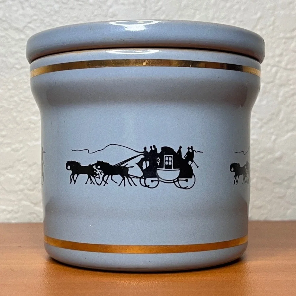 Vintage Denby England Stoneware Lidded Crock Blue Horse Carriage Stagecoach 4